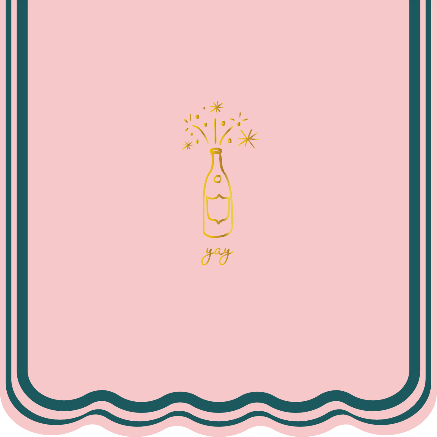 Pink napkin with gold champagne bottle and 'joy' text on a decorative border