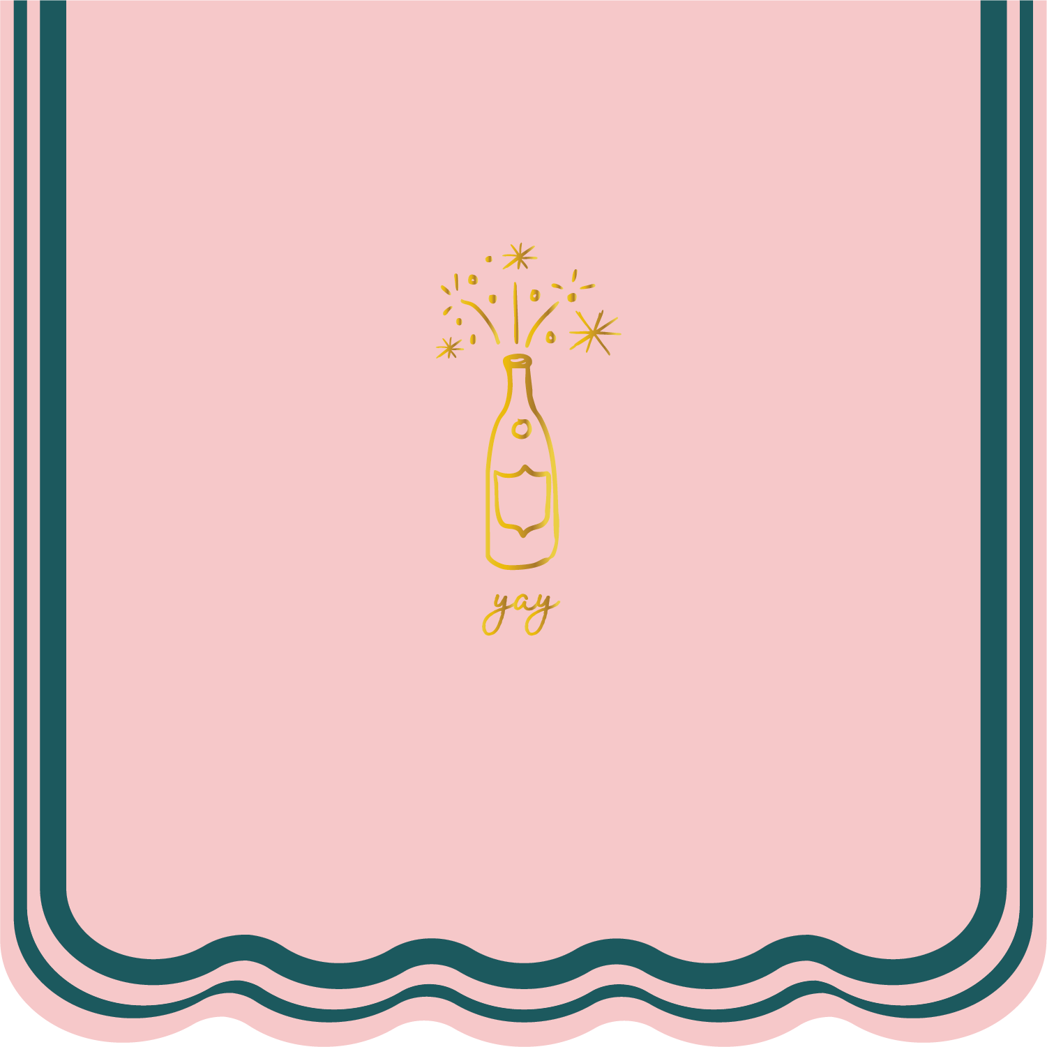 Pink napkin with gold champagne bottle and 'joy' text on a decorative border