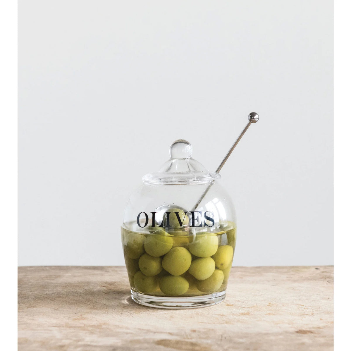 Olive Glass Jar with Slotted Spoon