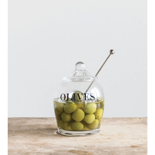 Olive Glass Jar with Slotted Spoon