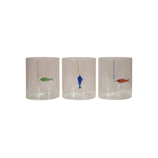 3" Round Drinking Glass w/ Fish on Hook Assorted