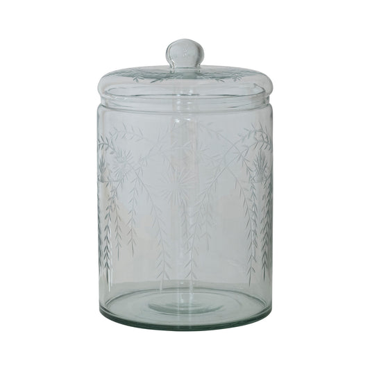 Blown Glass Jar with Etched Botanicals & Lid