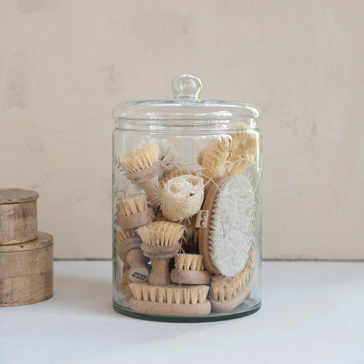 Blown Glass Jar with Etched Botanicals & Lid