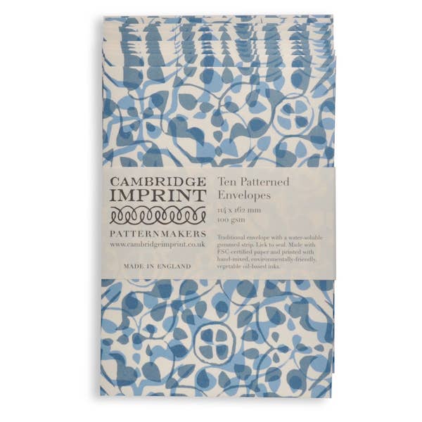 Cambridge Imprint patterned envelopes packaging with blue and white design