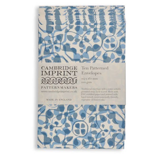 Cambridge Imprint patterned envelopes packaging with blue and white design