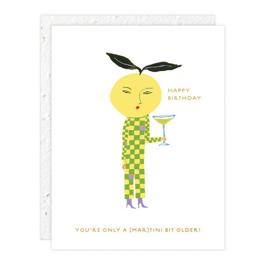 Birthday card with a lemon character holding a martini glass and text on a white background