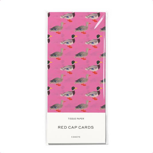Tissue paper with duck pattern on a pink background, branded 'Red Cap Cards'.