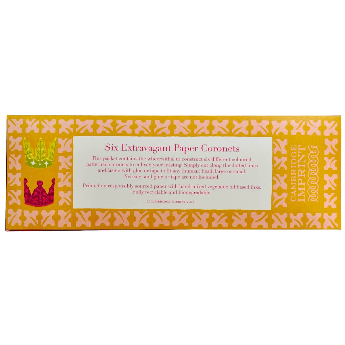 Packaging of Cambridge Imprint Extravagant Paper Coronets with decorative design and text.