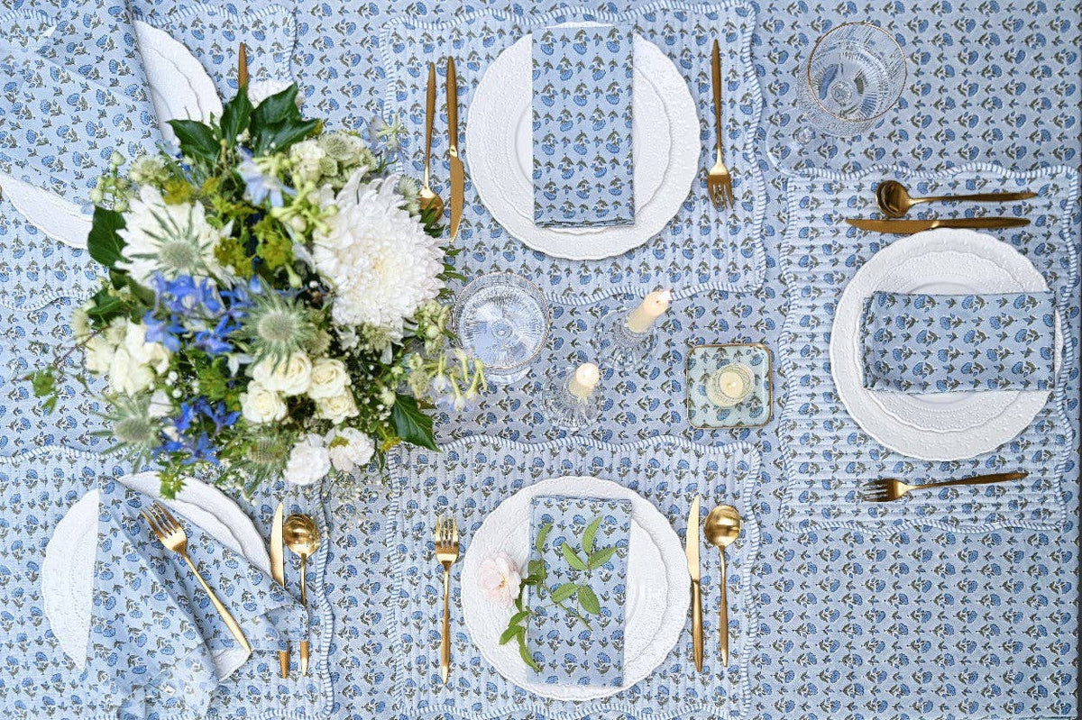Block Printed Ruffled Tablecloth - Ditsy Floral Blue Stone
