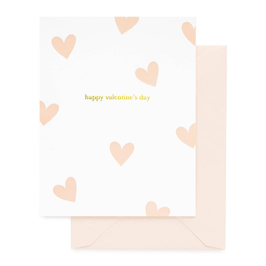 Valentine's Day card with pink hearts and 'happy Valentine's Day' text on a white background.