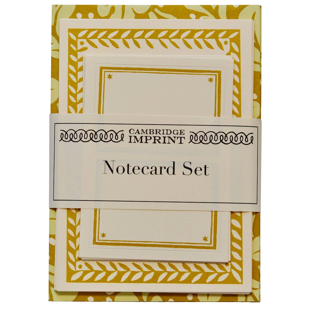 Cambridge Imprint notecard set with yellow and white design on a white background