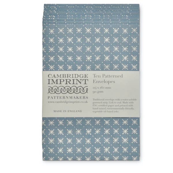 Pack of patterned envelopes with 'Cambridge Imprint' branding on a white background