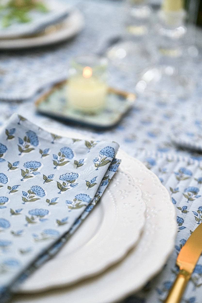 Block Printed Napkins Set of 4 - Ditsy Floral Blue Stone
