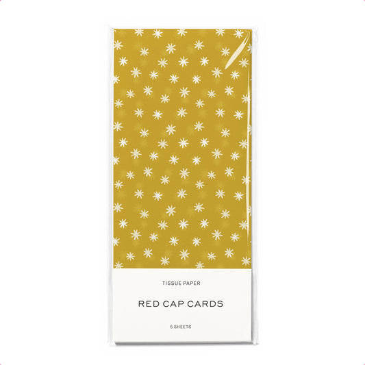 Tissue paper pack with yellow floral pattern and 'Red Cap Cards' branding on a white background