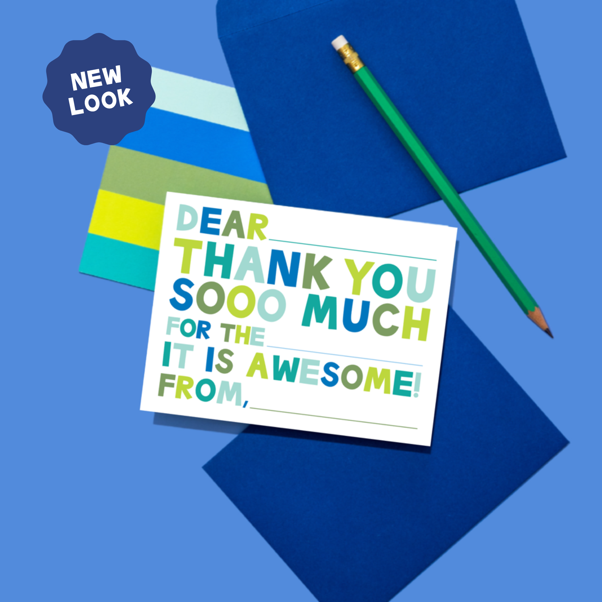 Colorful card with text on a blue background with a pencil