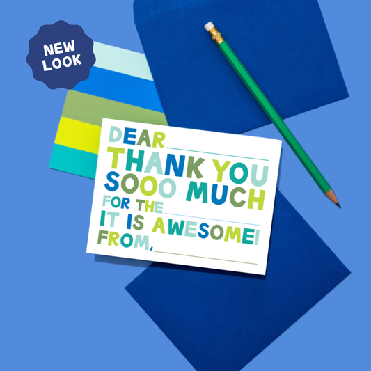 Colorful card with text on a blue background with a pencil