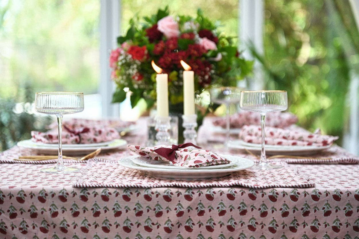 Block Printed Ruffled Tablecloth - Ditsy Floral Scarlet