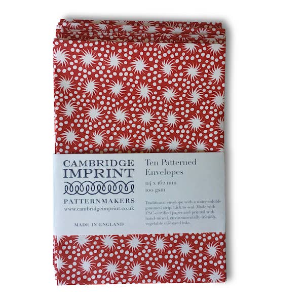 Pack of Cambridge Imprint patterned envelopes with red and white design