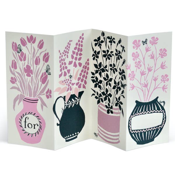 Decorative card with floral and vase designs on a white background