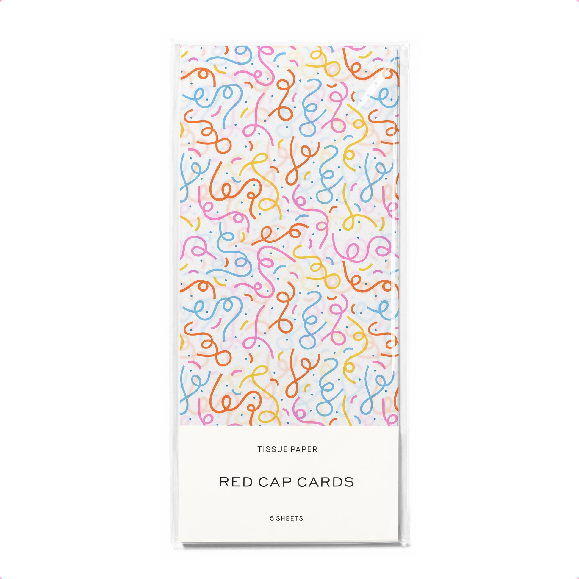 Tissue paper packaging with colorful question mark pattern on a white background