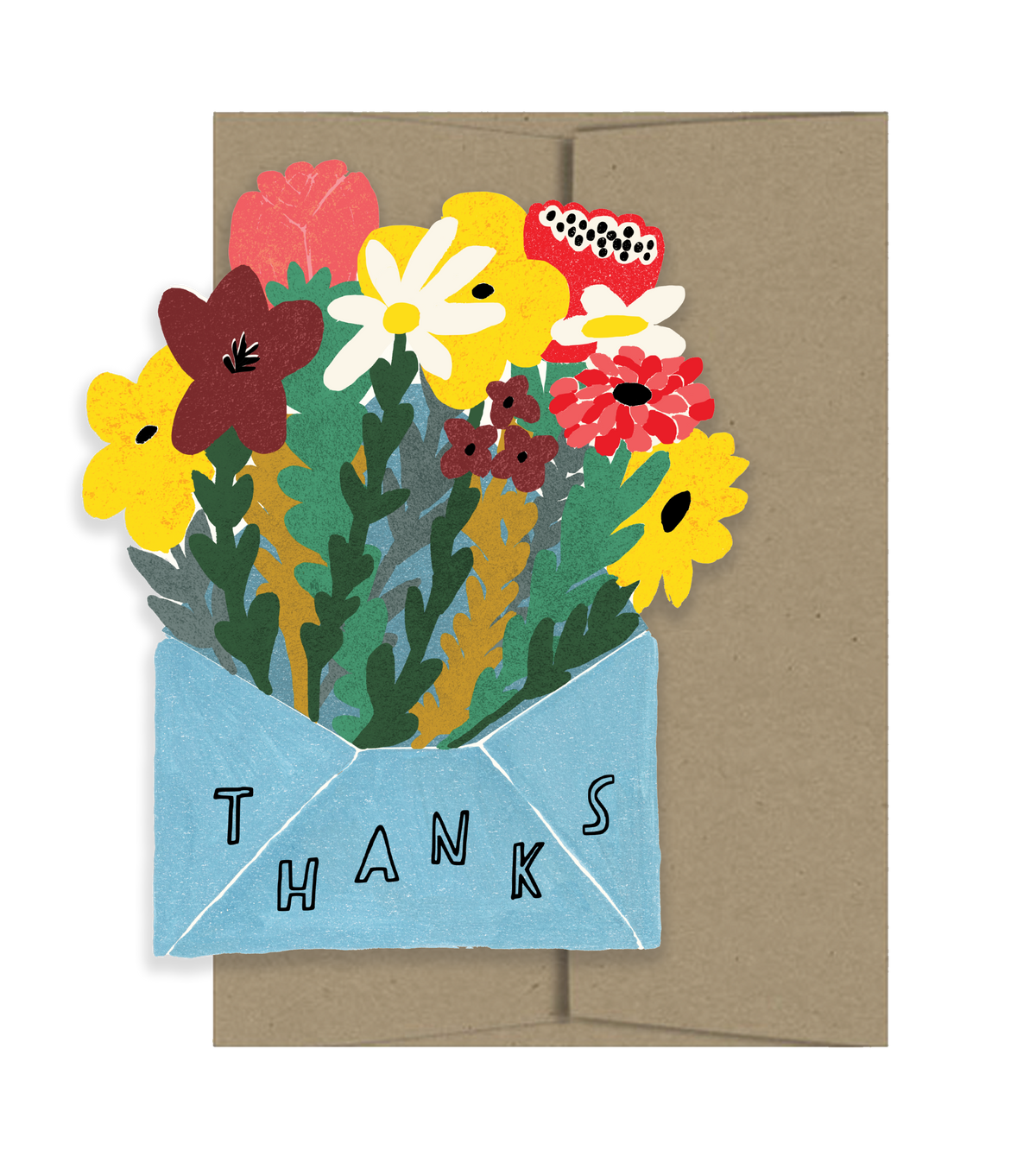 Greeting card with colorful flowers and 'THANKS' text on a brown envelope