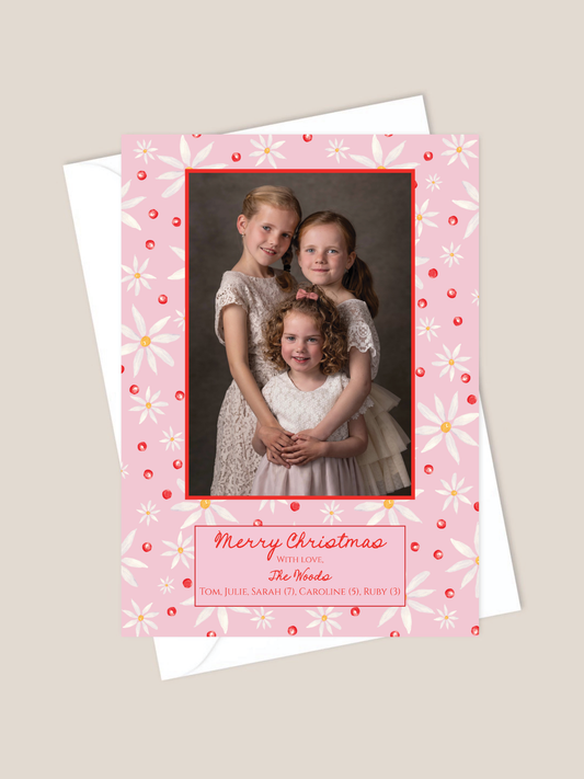 holiday card with flowers and red ornaments