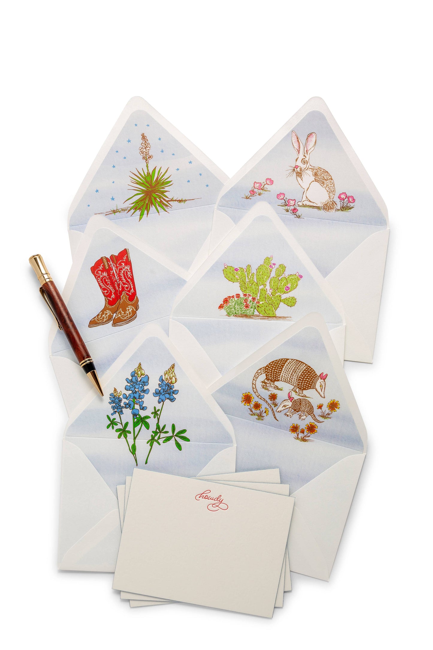 Set of stationery items with illustrated envelope howdy and rabbits
