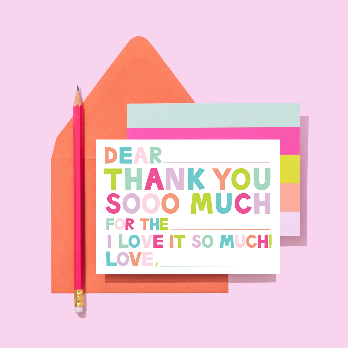 Colorful card with 'Dear thank you sooo much' text, pink envelope, and pencil on a pink background