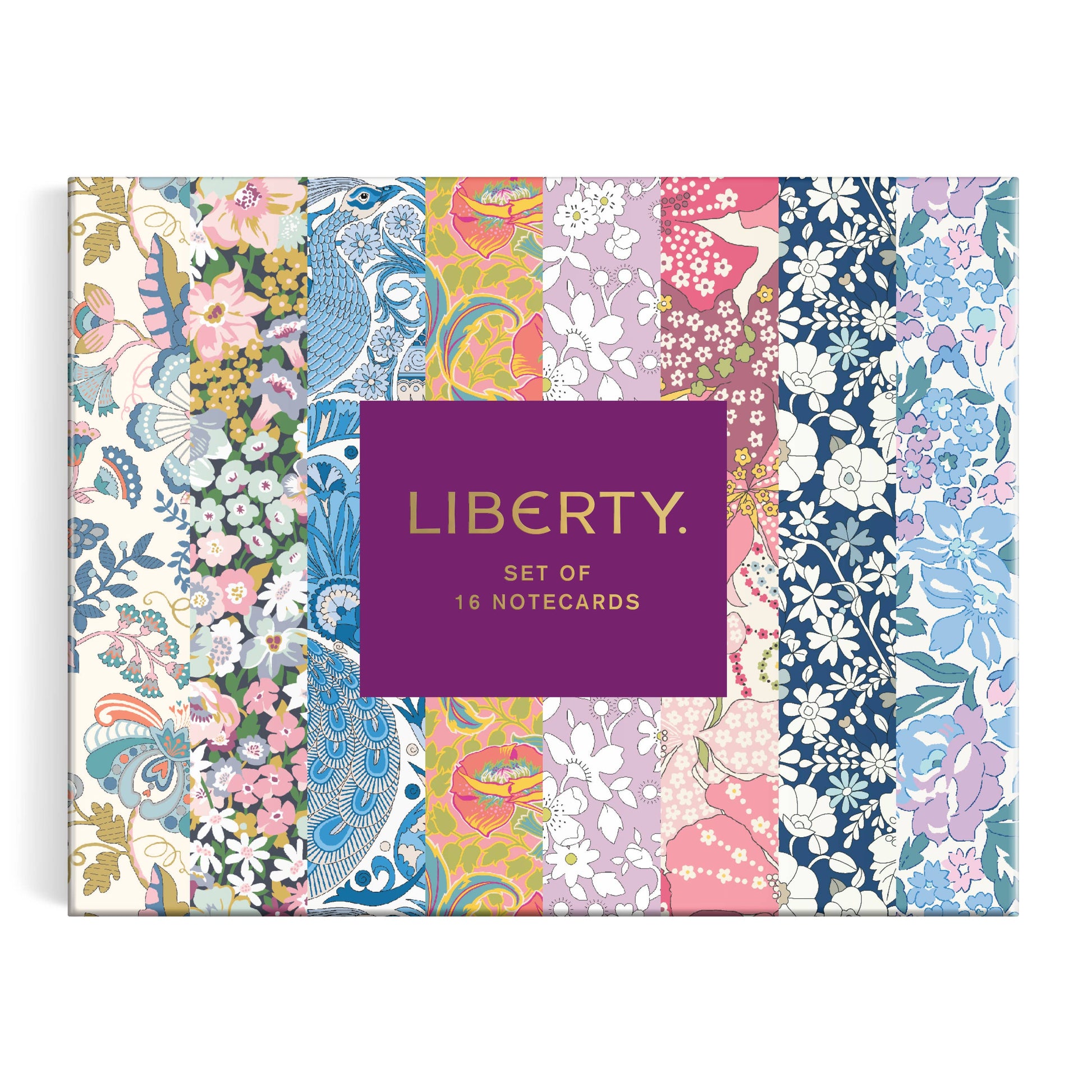 Set of 15 notecards with Liberty branding and colorful floral patterns.