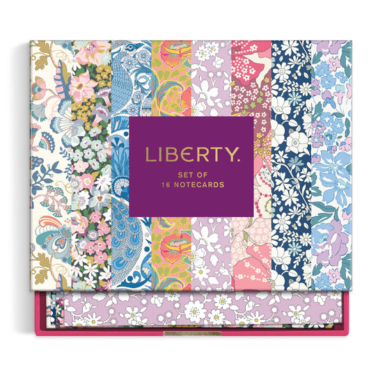 Set of 16 Liberty notecards with colorful floral and paisley patterns on a white background.