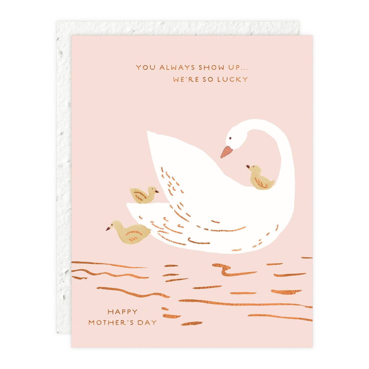 Card with a swan and duck illustration on a pink background, featuring a Mother's Day message.