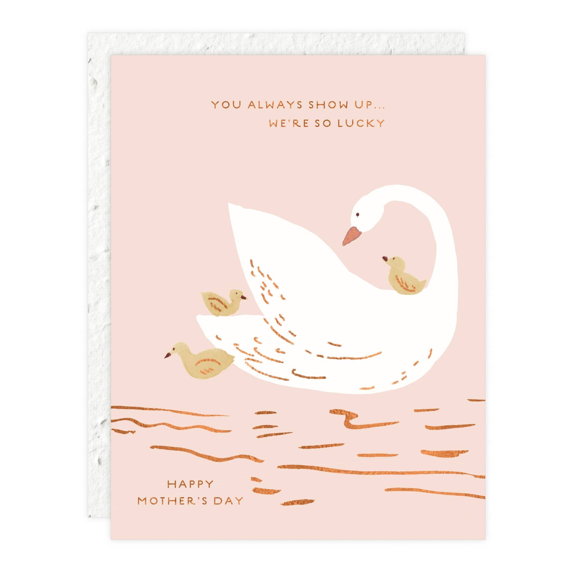 Card with a swan and duck illustration on a pink background, featuring a Mother's Day message.