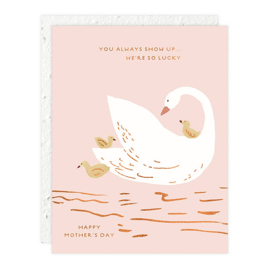 Card with a swan and duck illustration on a pink background, featuring a Mother's Day message.