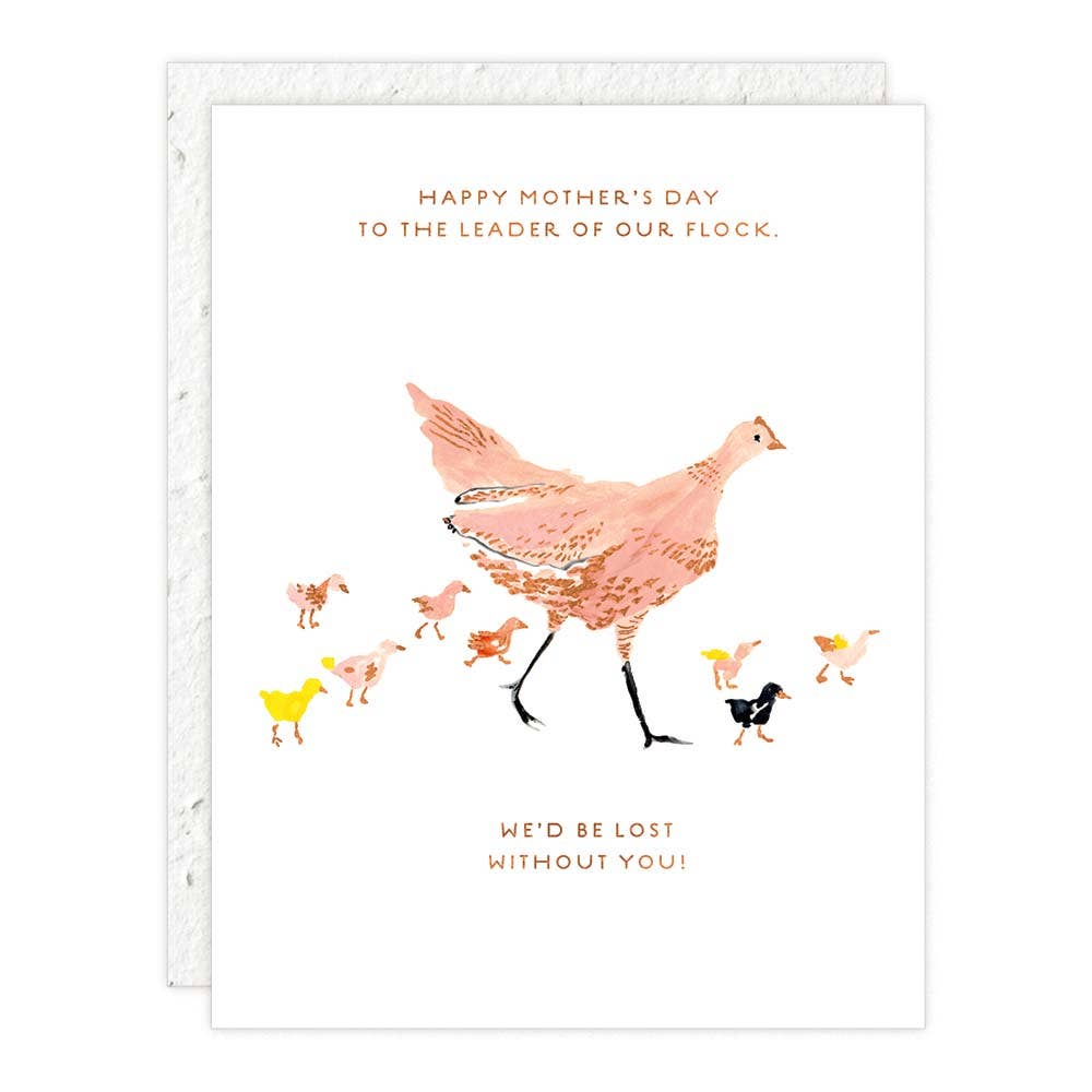 Greeting card with illustration of a mother hen and chicks, featuring text on a white background.