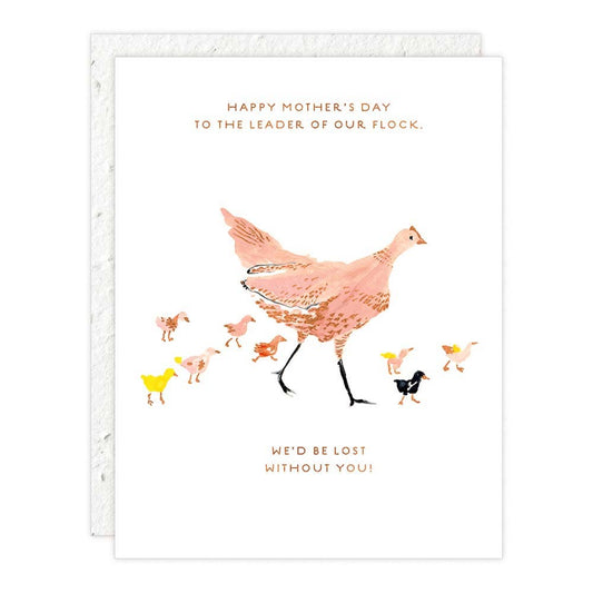 Greeting card with illustration of a mother hen and chicks, featuring text on a white background.