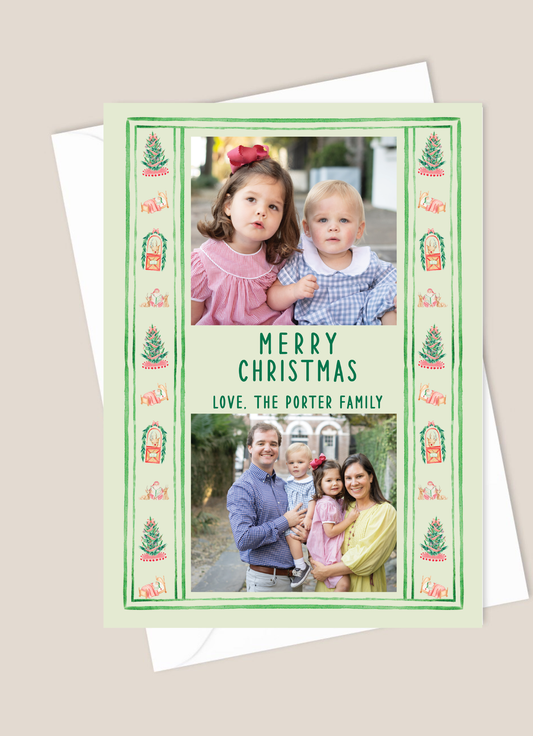 Christmas card with family photos and decorative border christmas tree