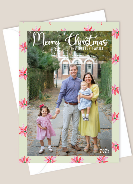 Holiday card with fun pink flowers and white writing