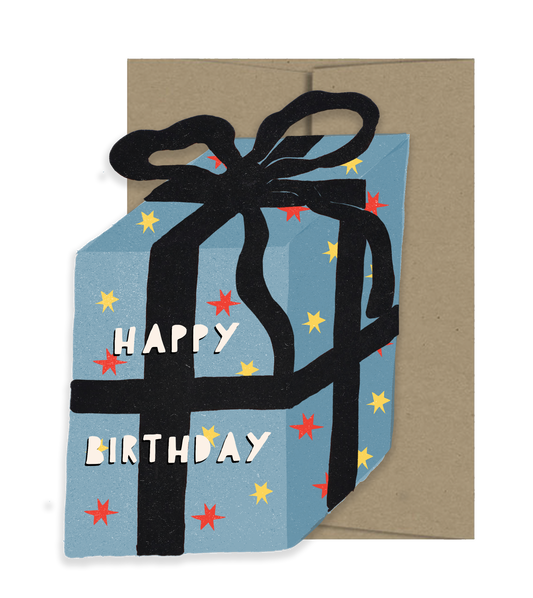 Birthday card with a blue present design and 'Happy Birthday' text, featuring a black ribbon.