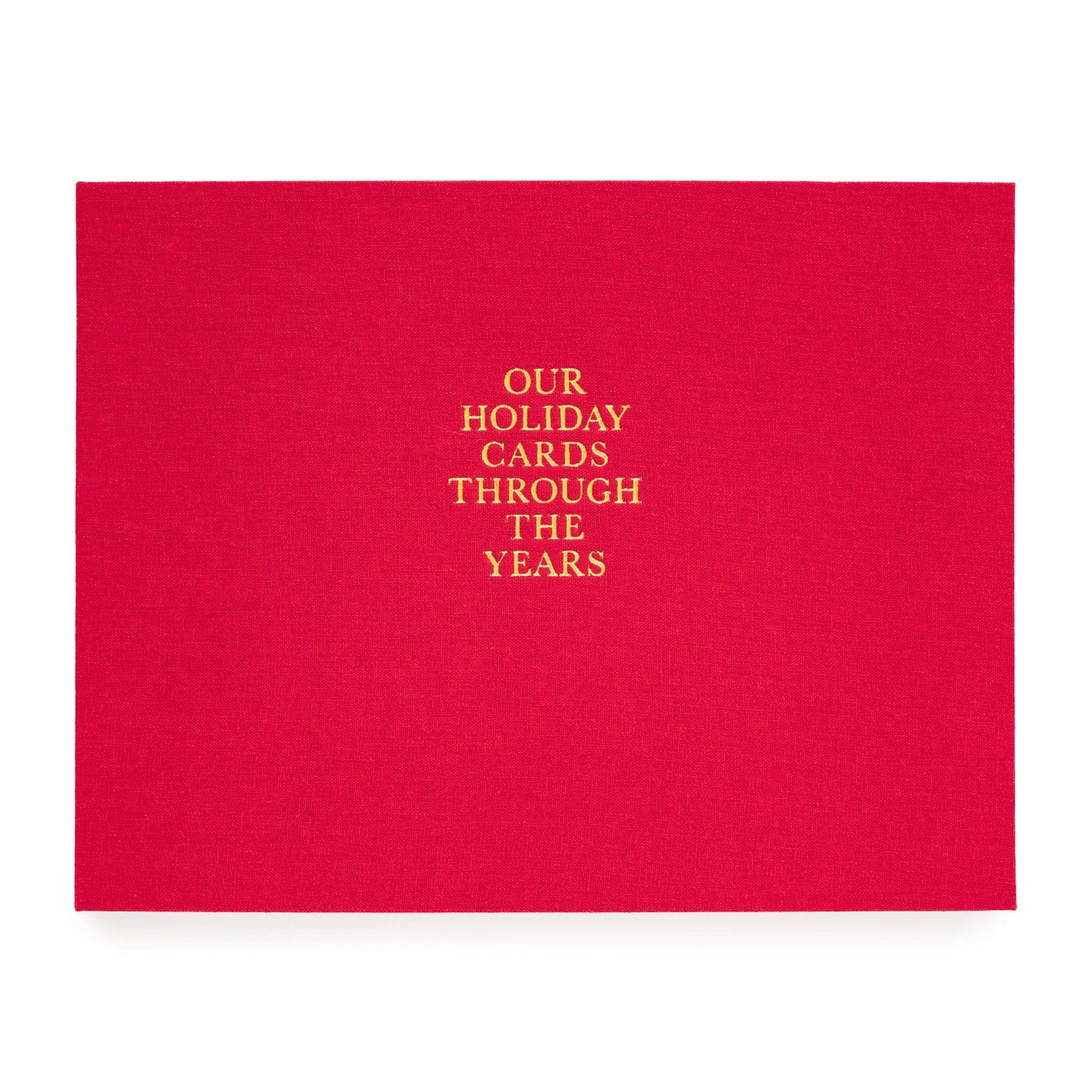 Red card with gold text 'Our Holiday Cards Through the Years' on a white background