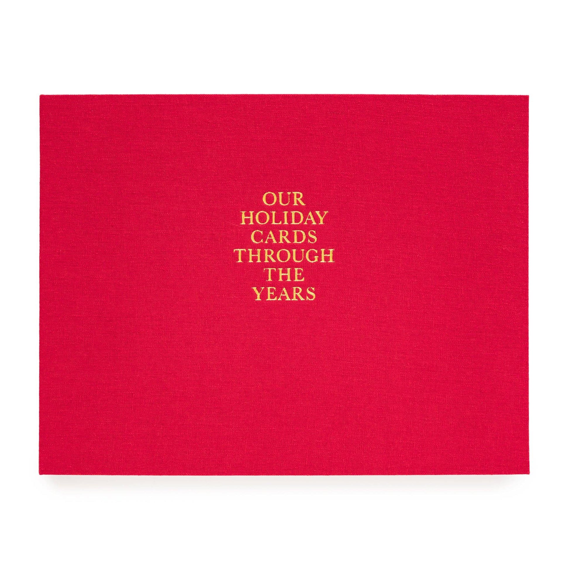 Red card with gold text 'Our Holiday Cards Through the Years' on a white background