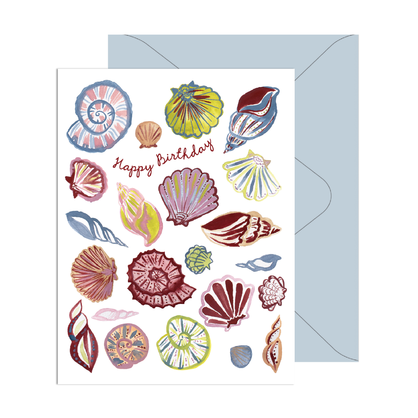 Greeting card with colorful shell illustrations and a blue envelope on a white background