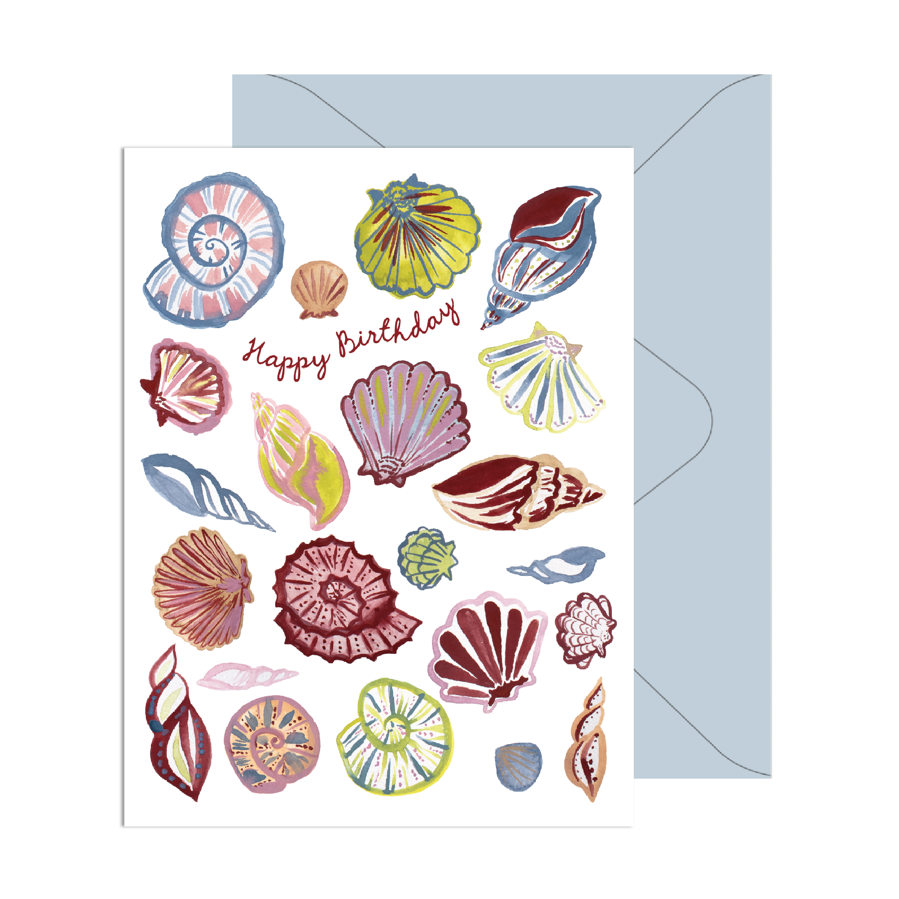 Greeting card with colorful shell illustrations and a blue envelope on a white background