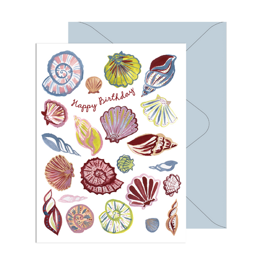Greeting card with colorful shell illustrations and a blue envelope on a white background