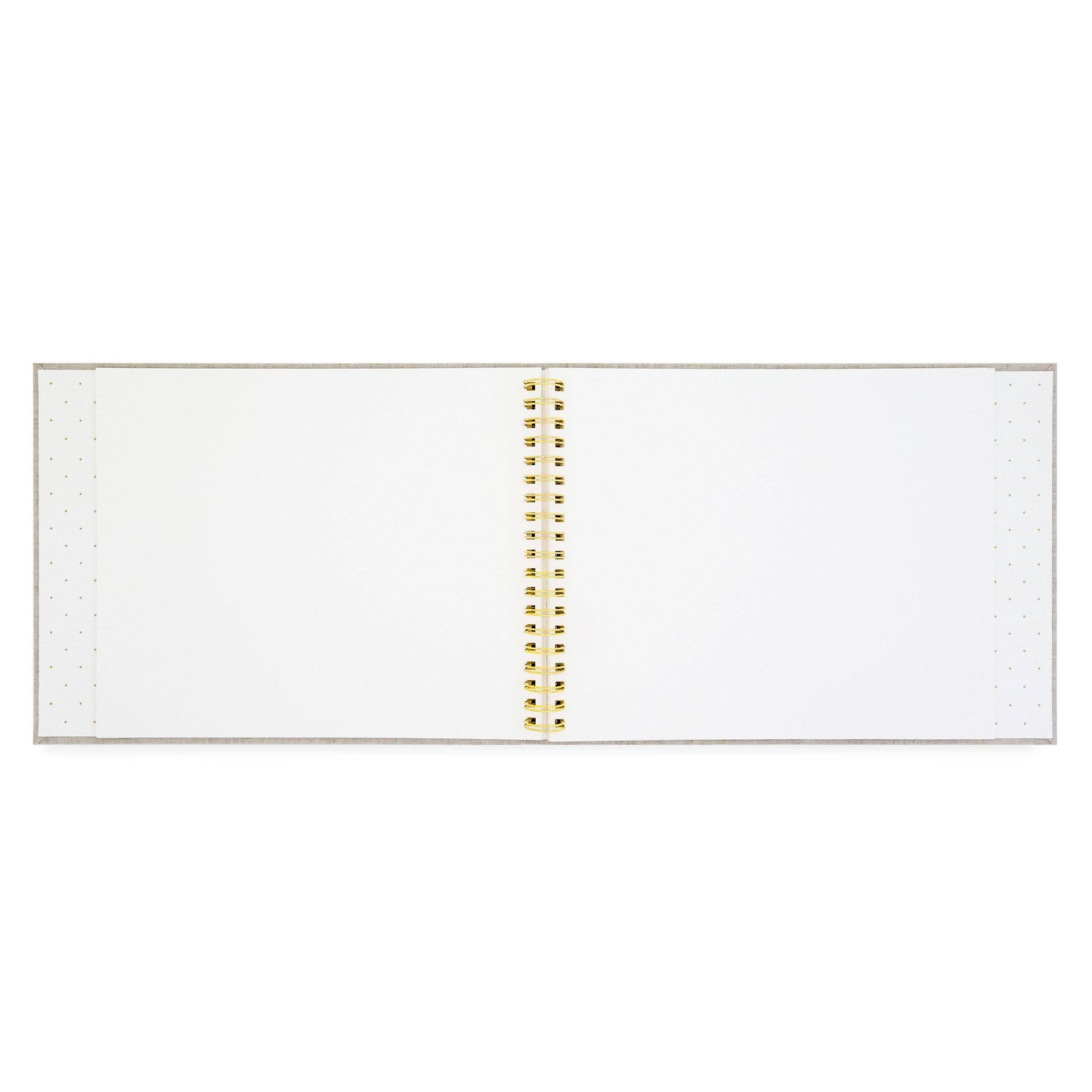 Open notebook with white pages and gold spiral binding on a white background holiday book