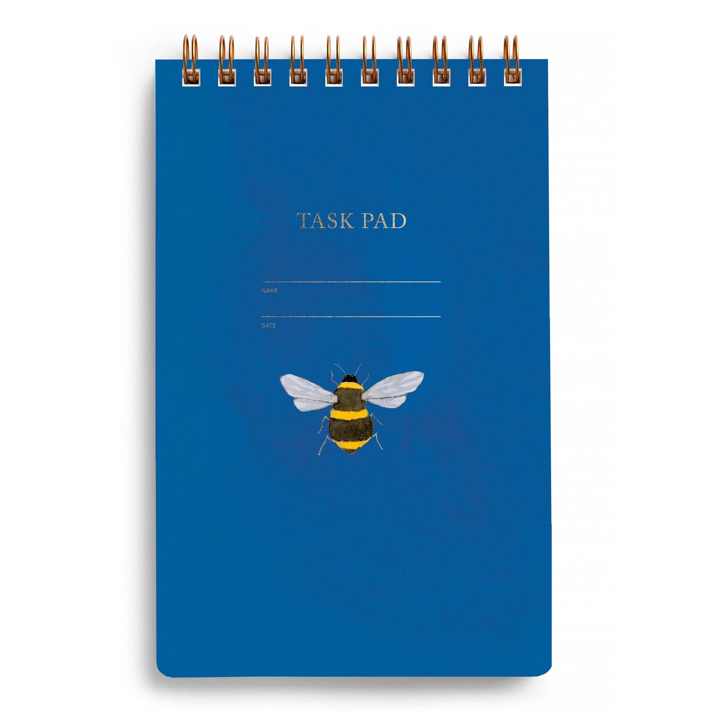 Blue task pad with a bee illustration on a white background