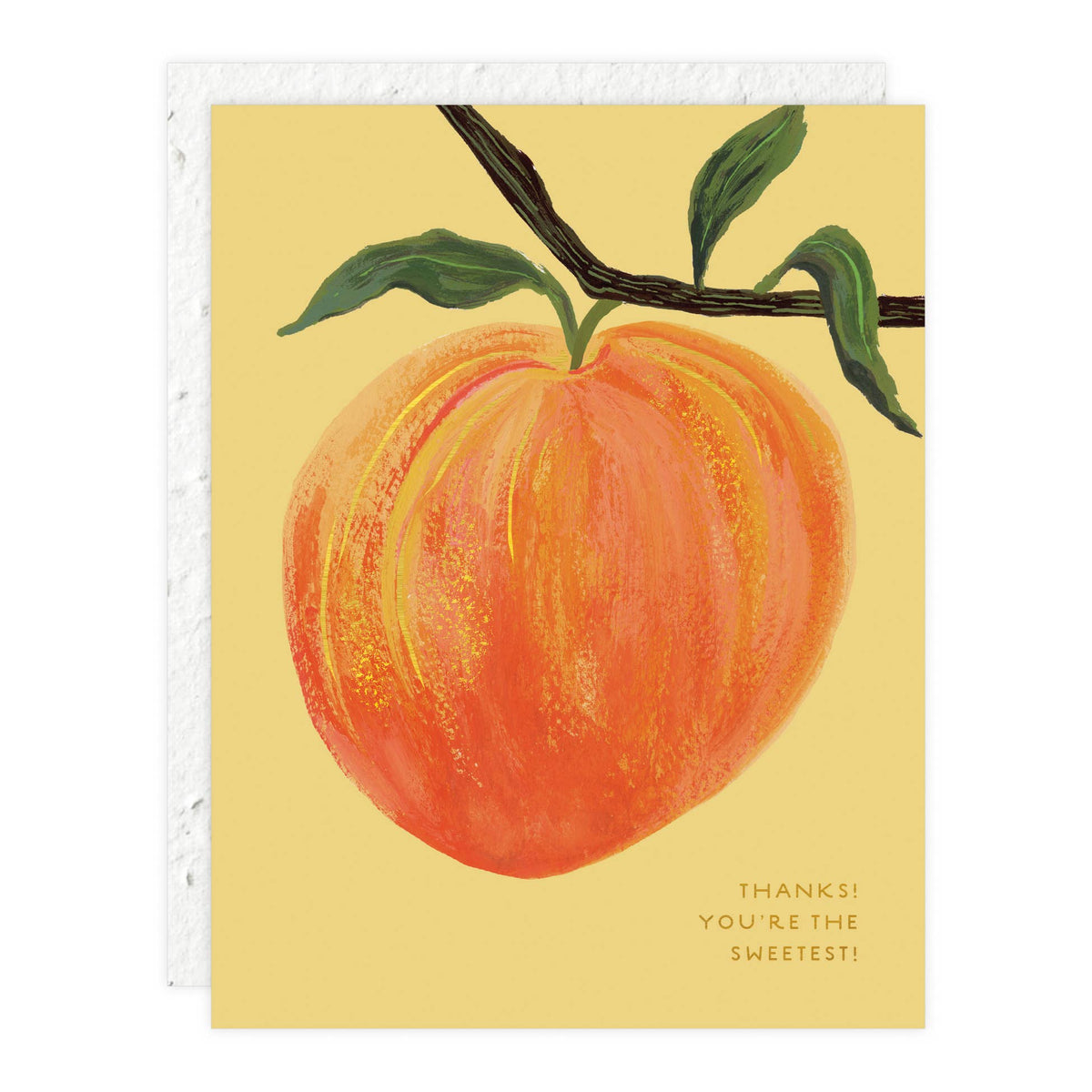 Card with a peach illustration and text on a yellow background