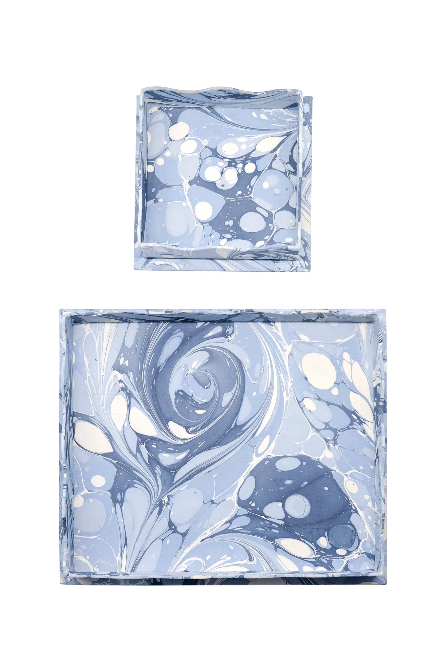 Two marbled blue and white square containers on a white background
