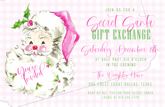 You're Invited Hand Painted Pink Santa Invitation