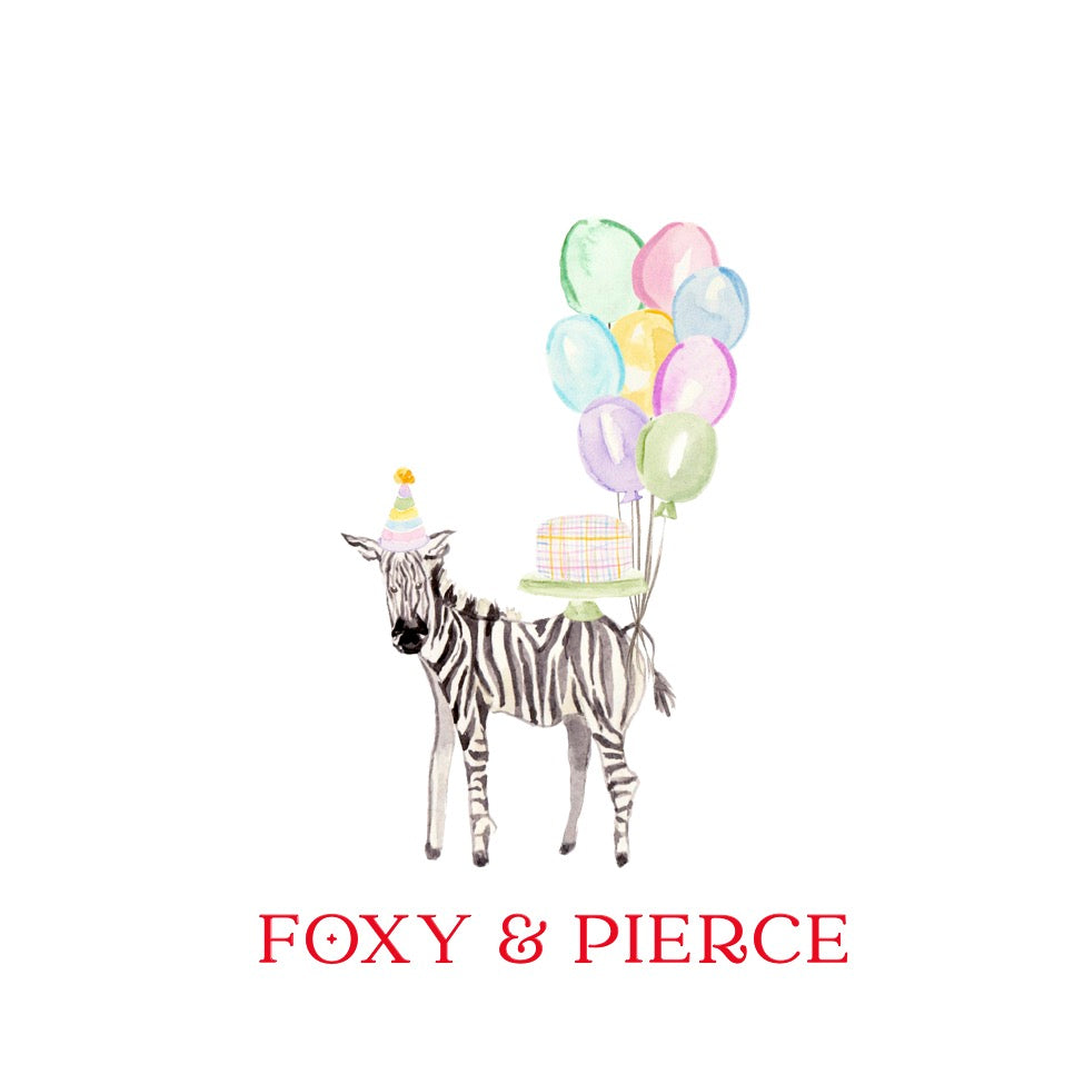 a customized tag with zebra with cake and balloons