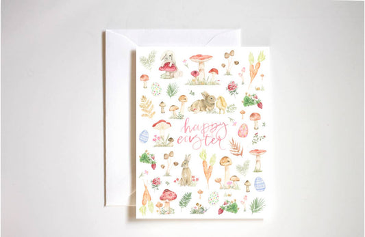 Watercolor Easter bunnies, mushrooms and chicks card